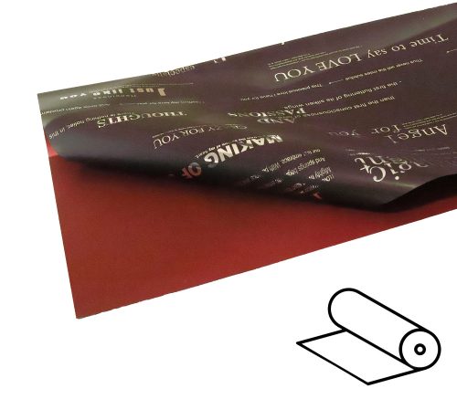063724 PLASTIC WRAPPING ROLL, 2 SIDED, TEXT PATTERN, BURGUNDY
