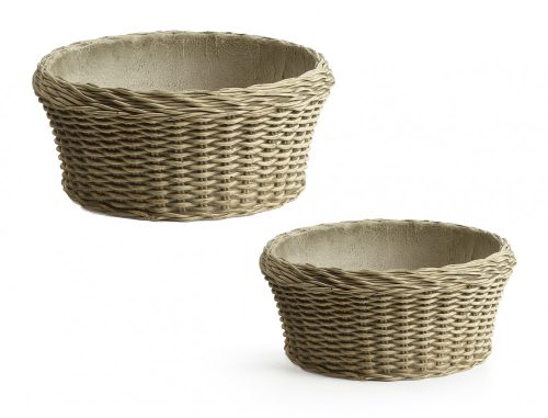 167898 CEMENT PLANT POT, SET OF 2, ROUND SHAPED, BASKETRY PATTERN, RATTAN