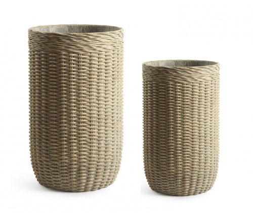 167981 CEMENT PLANT POT, SET OF 2, ROUND SHAPED, BASKETRY PATTERN, RATTAN