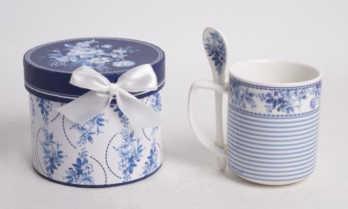 183257 CERAMIC MUG WITH SPOON  BLUE IN GIFT BOX