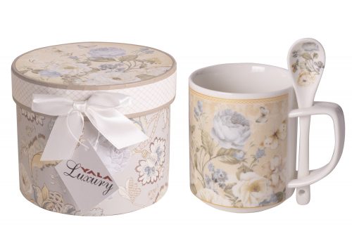 183259 CERAMIC MUG WITH SPOON  FLOWER PATTERN  IN GIFT BOX         OX