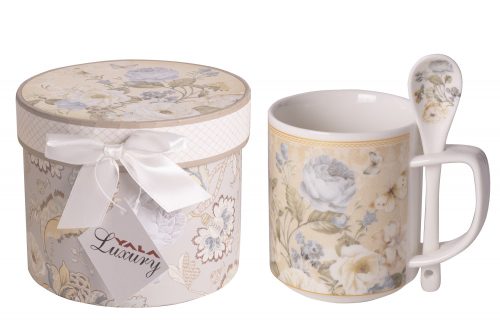 CERAMIC MUG WITH SPOON  FLOWER PATTERN  IN GIFT BOX         OX