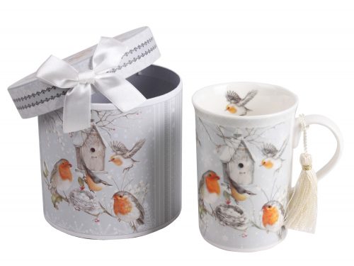 CERAMIC MUG WITH SPOON  BIRD PATTERN  IN GIFT BOX