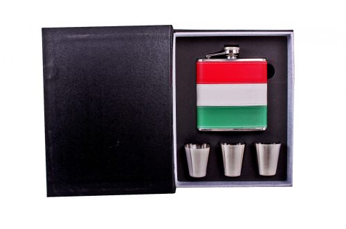 202051 STAINLESS STEEL HIP FLASK GITF SET, HUNGARY PATTERN, RED-WHITE-GREEN FAUX LEATHER, SET OF 4 - HIP FLASK AND 3 CUPS
