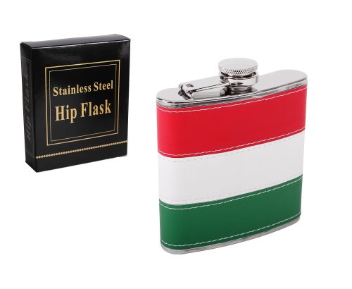202057 STAINLESS STEEL HIP FLASK IN HUNGARY PATTERN, RED-WHITE-GREEN FAUX LEATHER
