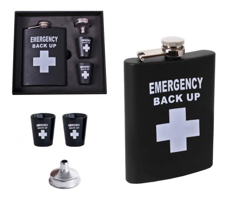 202059 STAINLESS STEEL HIP FLASK GIFT SET IN GIFT BOX, EMERGENCY BACK UP LETTERING, BLACK, SET OF 4 - HIP FLASK AND 2 CUPS AND FUNNEL