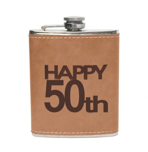 202094 STAINLESS STEEL HIP FLASK IN BROWN FAUX LEATHER WITH HAPPY 50TH LETTERING