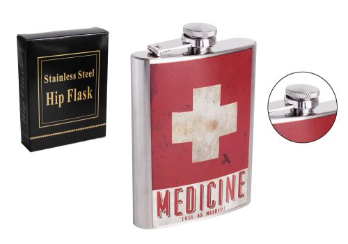 STAINLESS STEEL HIP FLASK WITH MEDICINE LETTERING