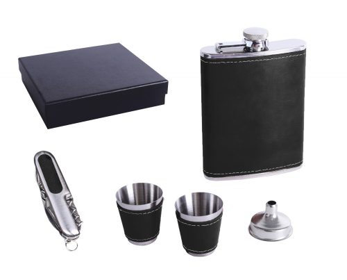 202308 STAINLESS STEEL HIP FLASK GIFT SET IN GIFT BOX, BLACK FAUX LEATHER , SET OF 5 - HIP FLASK AND 2 CUPS AND FUNNEL AND KNIFE