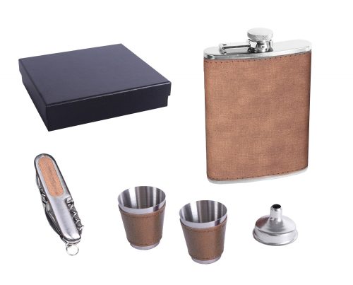 202309 STAINLESS STEEL HIP FLASK GIFT SET IN GIFT BOX, BROWN FAUX LEATHER , SET OF 5 - HIP FLASK AND 2 CUPS AND FUNNEL AND KNIFE