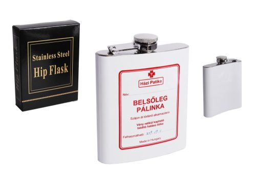 202326 STAINLESS STEEL HIP FLASK WITH HÁZI PATIKA - HOME PHARMACY LETTERING, WHITE