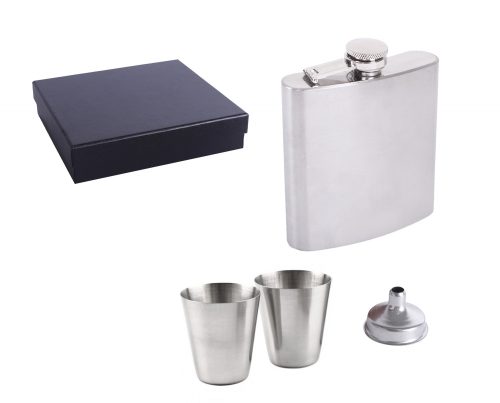 202330 STAINLESS STEEL HIP FLASK GIFT SET IN GIFT BOX, WHITE FAUX LEATHER, SET OF 4 - HIP FLASK AND 2 CUPS AND FUNNEL