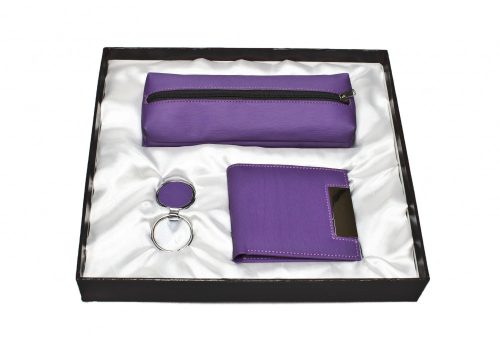 230094 FAUX LEATHER PEN HOLDER AND KEYCHAIN AND WALLET N GIFTBOX, PURPLE