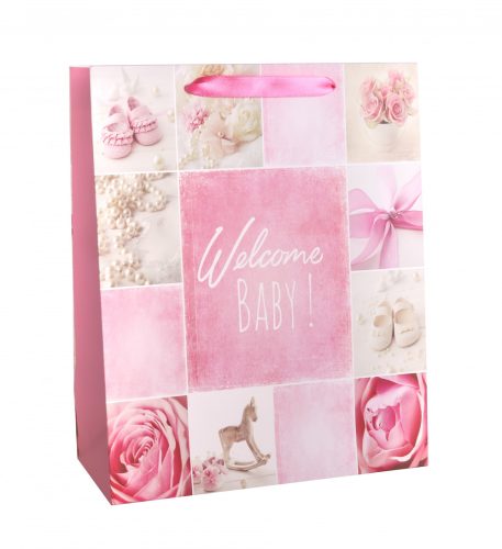 PAPER GIFT BAG MATTE PINK WELCOME BABY