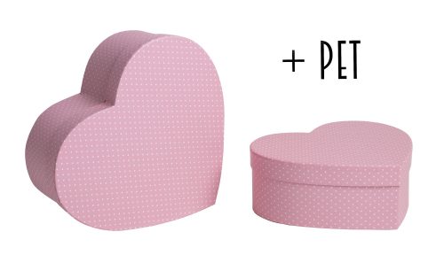 PAPER GIFT BOX, SET OF 2, HEART SHAPED, CANDY PINK WITH SILENCE DOTS +PET