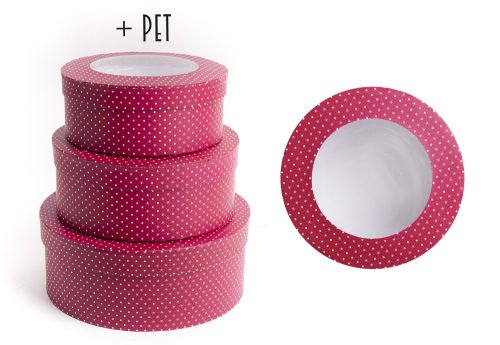 392752 PAPER GIFT BOX, SET OF 3, ROUND SHAPED, WINDOWED, PERSIAN RED WITH SILENCE DOTS +PET