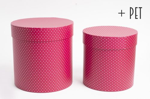 392753 PAPER GIFT BOX, SET OF 2, ROUND SHAPED, PERSIAN RED WITH SILENCE DOTS +PET