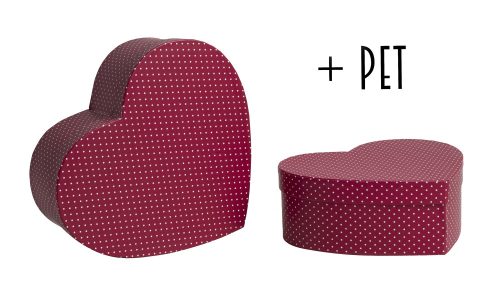 392756 PAPER GIFT BOX, SET OF 2, HEART SHAPED, PERSIAN RED WITH SILENCE DOTS +PET