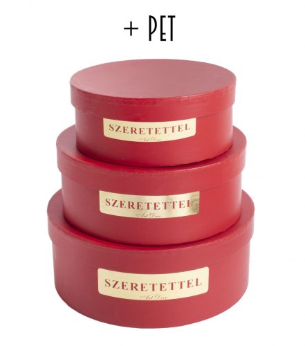 392836 PAPER GIFT BOX WITH PLASTIC PAD, SET OF 3, ROUND SHAPED, RED WITH GODLEN BACKGROUND SZERETETTEL SIGN