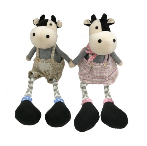 TEXIL COW WITH DANGLING STRING FEET IN GARDENER PANTS, PURPLE OR PINK