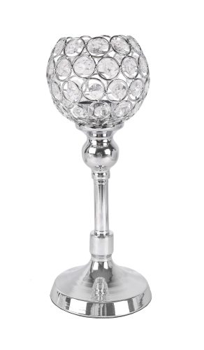 425069 CHROMED IRON CANDLE HOLDER WITH CRYSTALS AND PILAR, BALL SHAPED