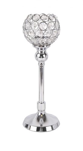 425070 CHROMED IRON CANDLE HOLDER WITH CRYSTALS AND PILAR, BALL SHAPED