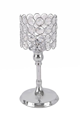 425074 CHROMED IRON CANDLE HOLDER WITH CRYSTALS AND PILAR, ROUND SHAPED
