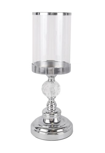 425077 CHROMED IRON CANDLE HOLDER WITH GLASS AND PILAR, ROUND SHAPED