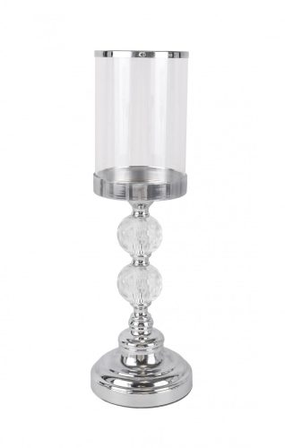 425078 CHROMED IRON CANDLE HOLDER WITH GLASS AND PILAR, ROUND SHAPED