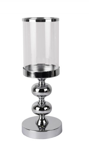 425089 CHROMED IRON CANDLE HOLDER WITH GLASS AND PILAR, ROUND SHAPED