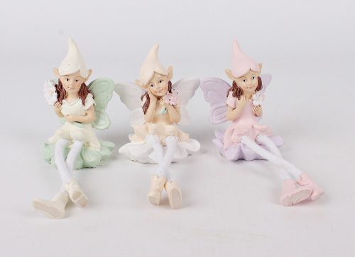 462161 POLIRESIN DECORATION, FAIRY WITH FLOWER AND DANGLING STRING FEET
