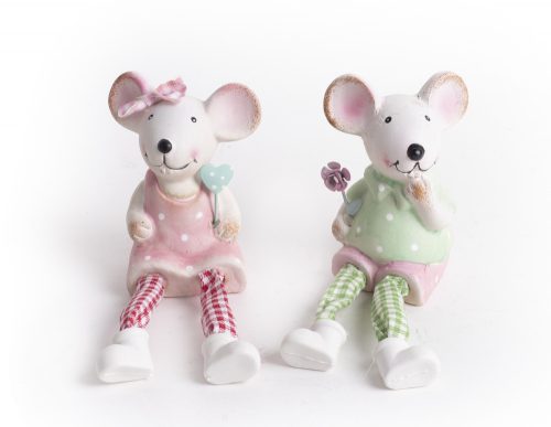 465149 CERAMIC MOUSE IN DOTTED DRESS WITH DANGLING STRING FEET, GREEN OR PINK