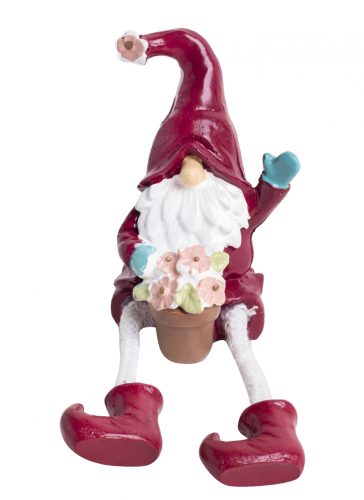 POLIRESIN DECORATION, DWARF WITH FLOWER BOUQUET AND DANGLING STRING FEET, RED-GREEN