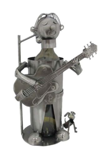 METAL WINE BOTTLE HOLDER, GUITARIST WITH DOG