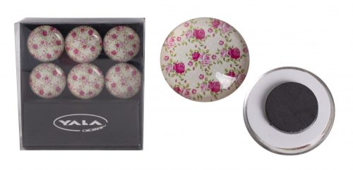 639144 GLASS BUTTON FRIDGE MAGNET IN GIFTBOX, SET OF 6, ANTIQUE ROSE PATTERN