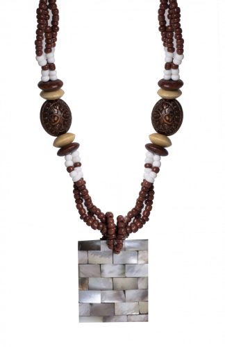 683094 NATURAL NECKLACE WITH BRICK-WALL MEDAL, BROWN