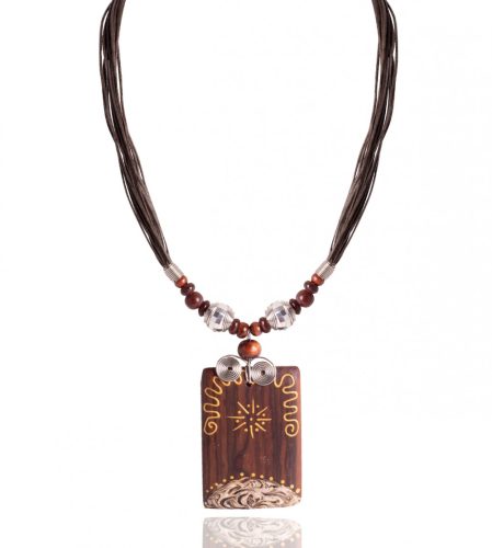 683101 NATURAL NECKLACE WITH WOOD MEDAL, SUN PATTERN, BROWN