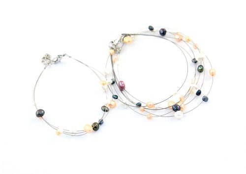 689026 WIRE NECKLACE AND BRACELET SET WITH PEARL, COLOURED
