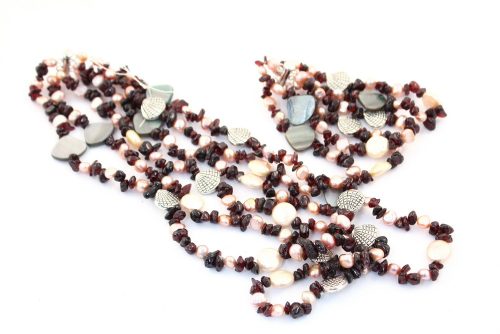 689056 NECKLACE AND BRACELET SET, PEARL AND SHELL, 3 THREADS