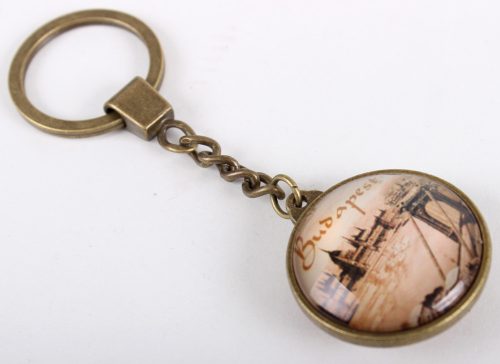 723111 METAL AND GLASS KEYRING, DISK SHAPED, BUDAPEST PATTERN