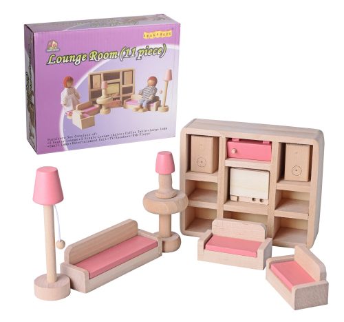 WOODEN DOLLS HOUSE LIVING ROOM, SET OF 11