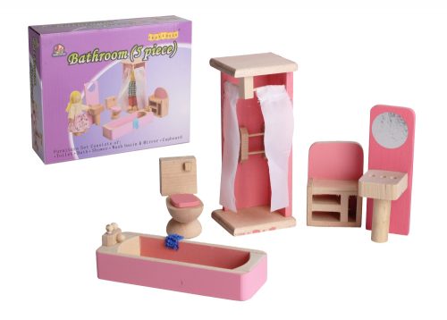 WOODEN DOLLS HOUSE BATHROOM, SET OF 5