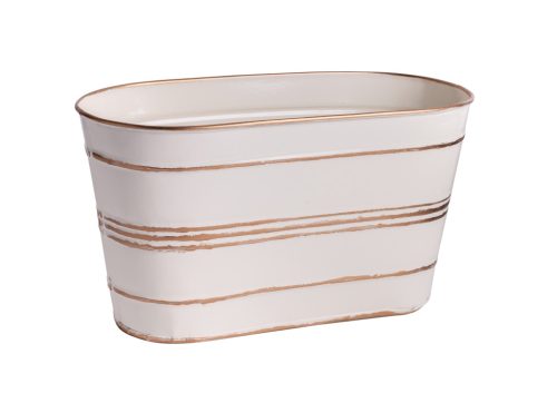 TIN POT, OVAL SHAPE, WHITE WITH GOLDEN STRIPES