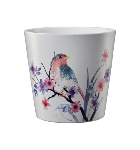 K193167 CERAMIC PLANT POT, DALLAS AQUATELLE, BIRD WATERCOLOR