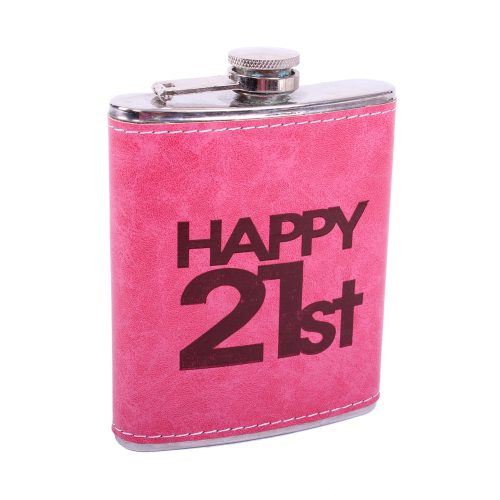 K202050 STAINLESS STEEL HIP FLASK IN PINK FAUX LEATHER WITH HAPPY 21TH LETTERING