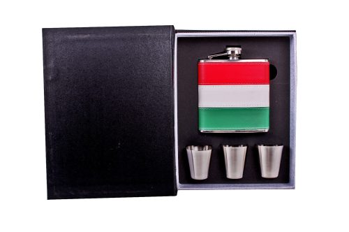 K202051 STAINLESS STEEL HIP FLASK GITF SET, HUNGARY PATTERN, RED-WHITE-GREEN FAUX LEATHER, SET OF 4 - HIP FLASK AND 3 CUPS