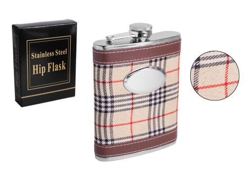 K202054 STAINLESS STEEL HIP FLASK IN FAUX LEATHER AND TEXTILE, BROWN AND CREAM
