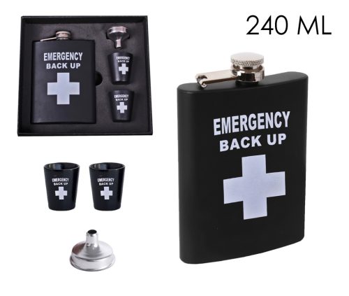 STAINLESS STEEL HIP FLASK GIFT SET IN GIFT BOX, EMERGENCY BACK UP LETTERING, BLACK, SET OF 4 - HIP FLASK AND 2 CUPS AND FUNNEL