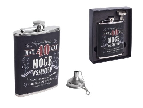 STAINLESS STEEL HIP FLASK IN BLACK FAUX LEATHER WITH VINTAGE DUDE 40 YEARS LETTERING