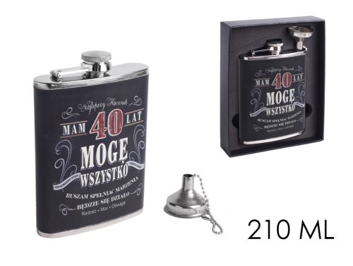STAINLESS STEEL HIP FLASK IN BLACK FAUX LEATHER WITH VINTAGE DUDE 40 YEARS LETTERING
